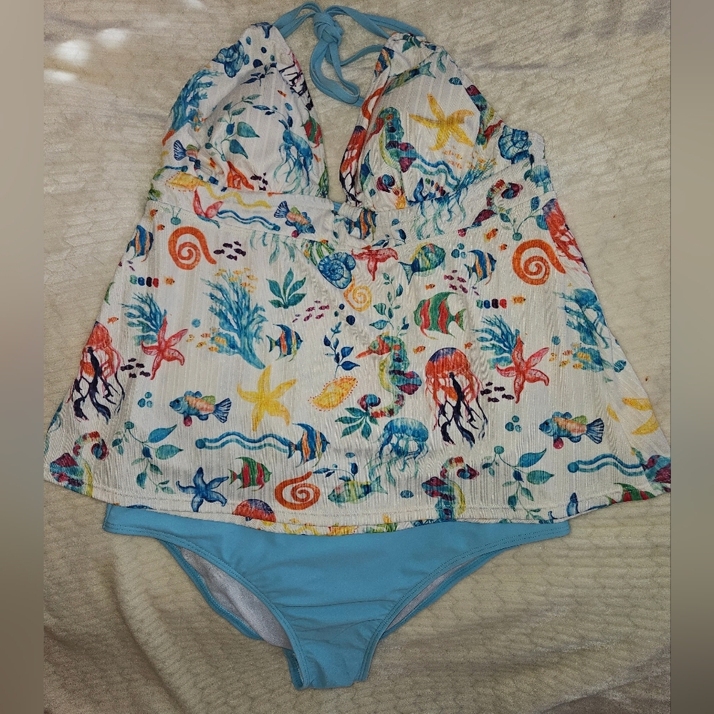 NWT Halter Tankini Two Piece Modlily Bathing Suit, Sea Creature Print, Size L